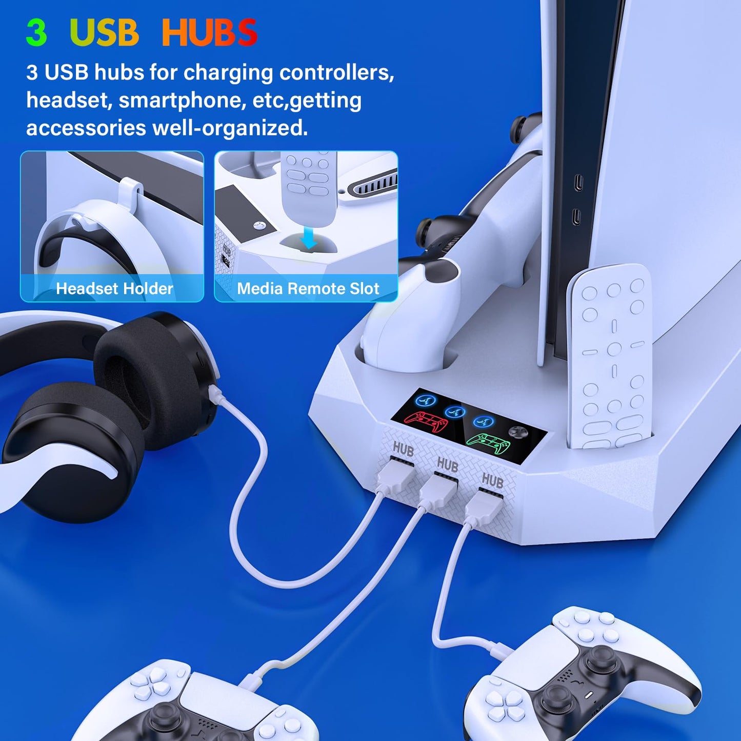 PS5/PS5 Slim Cooling Station with Controller Charging Station for Playstation 5 Slim&Standard Disc/Digital Console, PS5 Slim Stand Cooler Accessories Incl Cooling Fan/3 USB Hubs/Headset Holder/Screw - Connect Craze