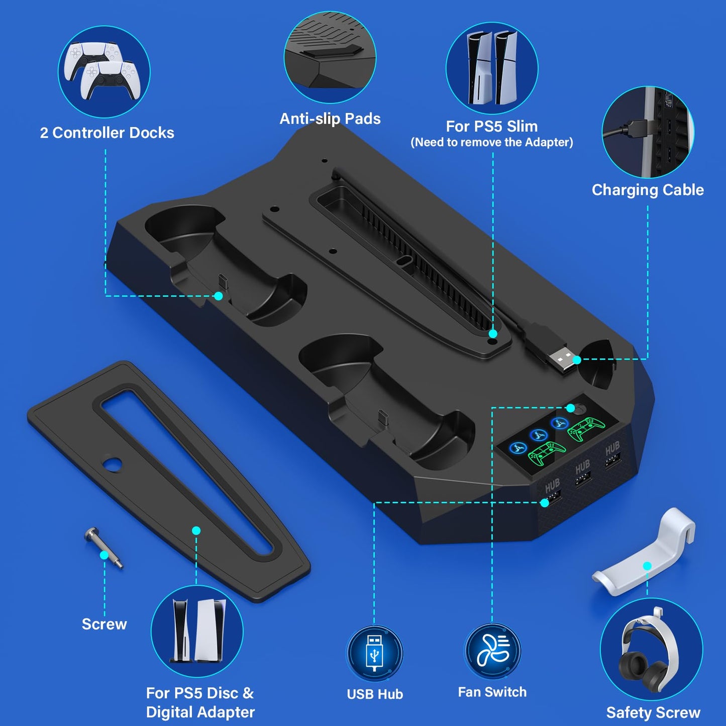 PS5/PS5 Slim Cooling Station with Controller Charging Station for Playstation 5 Slim&Standard Disc/Digital Console, PS5 Slim Stand Cooler Accessories Incl Cooling Fan/3 USB Hubs/Headset Holder/Screw - Connect Craze