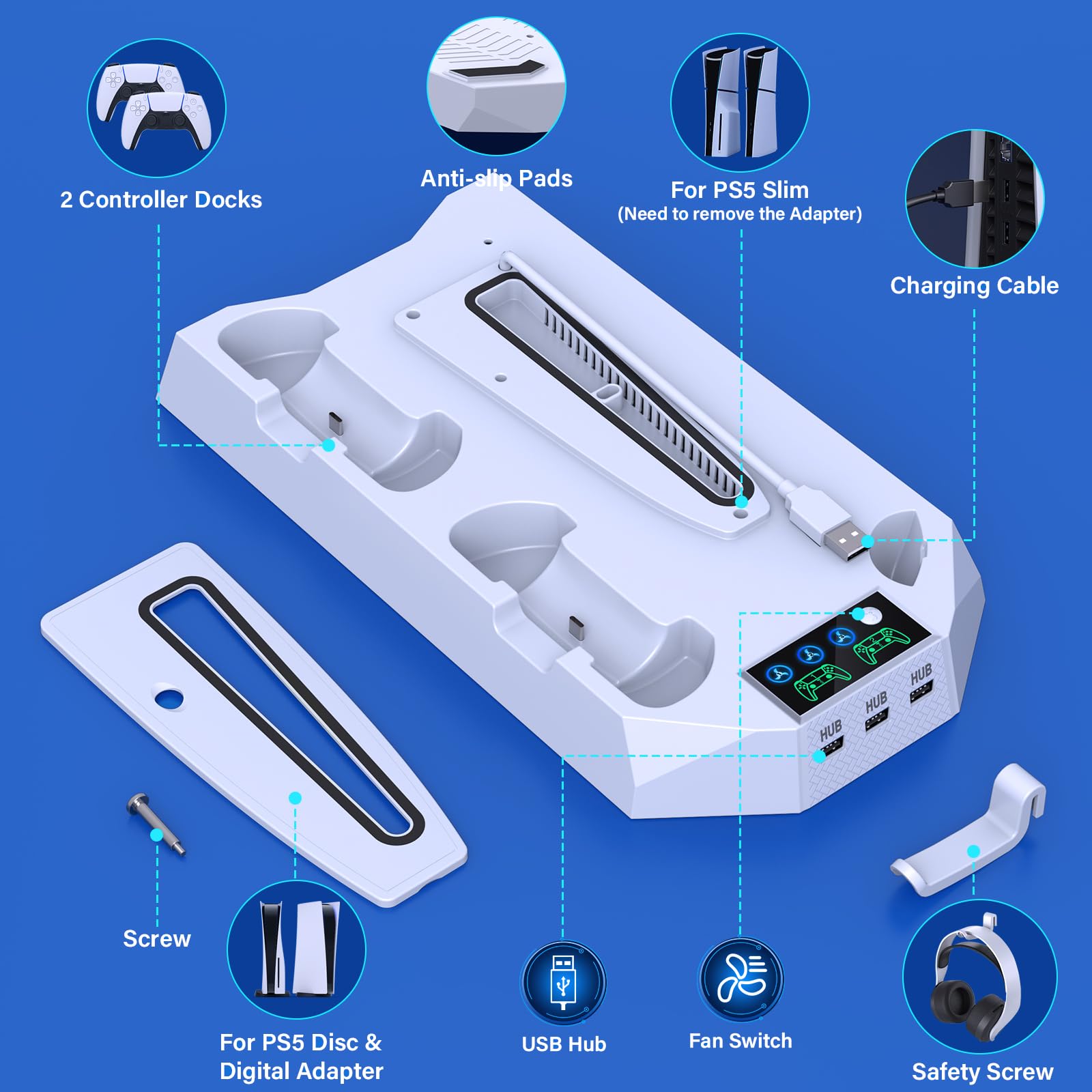 PS5/PS5 Slim Cooling Station with Controller Charging Station for Playstation 5 Slim&Standard Disc/Digital Console, PS5 Slim Stand Cooler Accessories Incl Cooling Fan/3 USB Hubs/Headset Holder/Screw - Connect Craze