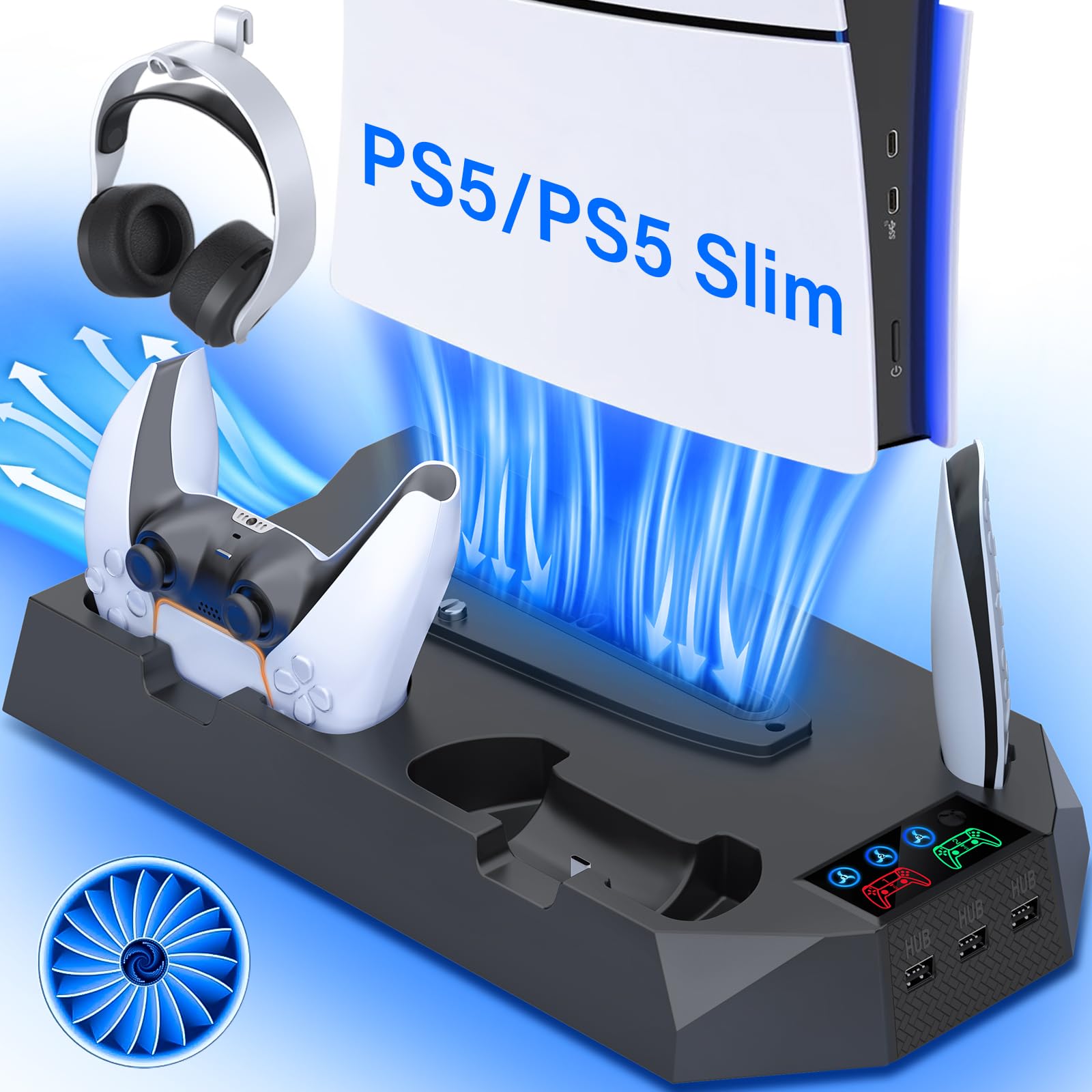 PS5/PS5 Slim Cooling Station with Controller Charging Station for Playstation 5 Slim&Standard Disc/Digital Console, PS5 Slim Stand Cooler Accessories Incl Cooling Fan/3 USB Hubs/Headset Holder/Screw - Connect Craze
