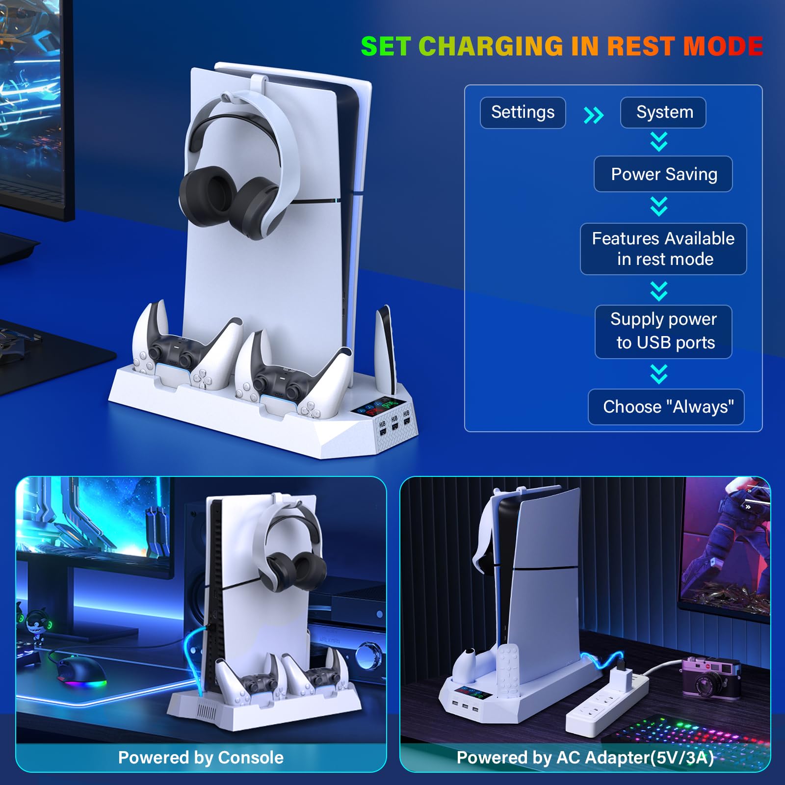 PS5/PS5 Slim Cooling Station with Controller Charging Station for Playstation 5 Slim&Standard Disc/Digital Console, PS5 Slim Stand Cooler Accessories Incl Cooling Fan/3 USB Hubs/Headset Holder/Screw - Connect Craze
