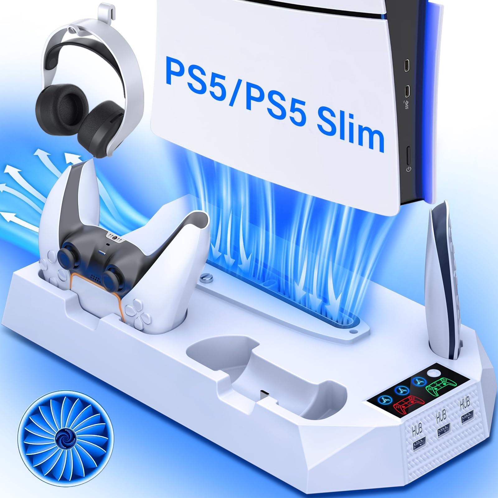 PS5/PS5 Slim Cooling Station with Controller Charging Station for Playstation 5 Slim&Standard Disc/Digital Console, PS5 Slim Stand Cooler Accessories Incl Cooling Fan/3 USB Hubs/Headset Holder/Screw - Connect Craze
