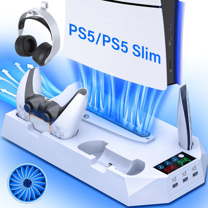 PS5/PS5 Slim Cooling Station with Controller Charging Station for Playstation 5 Slim&Standard Disc/Digital Console, PS5 Slim Stand Cooler Accessories Incl Cooling Fan/3 USB Hubs/Headset Holder/Screw - Connect Craze