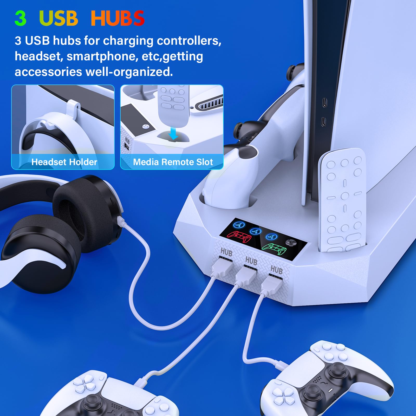 PS5/PS5 Slim Cooling Station with Controller Charging Station for Playstation 5 Slim&Standard Disc/Digital Console, PS5 Slim Stand Cooler Accessories Incl Cooling Fan/3 USB Hubs/Headset Holder/Screw - Connect Craze