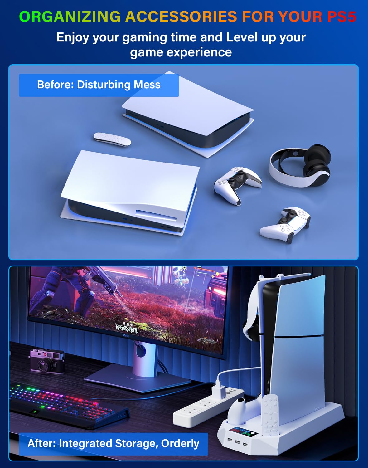 PS5/PS5 Slim Cooling Station with Controller Charging Station for Playstation 5 Slim&Standard Disc/Digital Console, PS5 Slim Stand Cooler Accessories Incl Cooling Fan/3 USB Hubs/Headset Holder/Screw - Connect Craze
