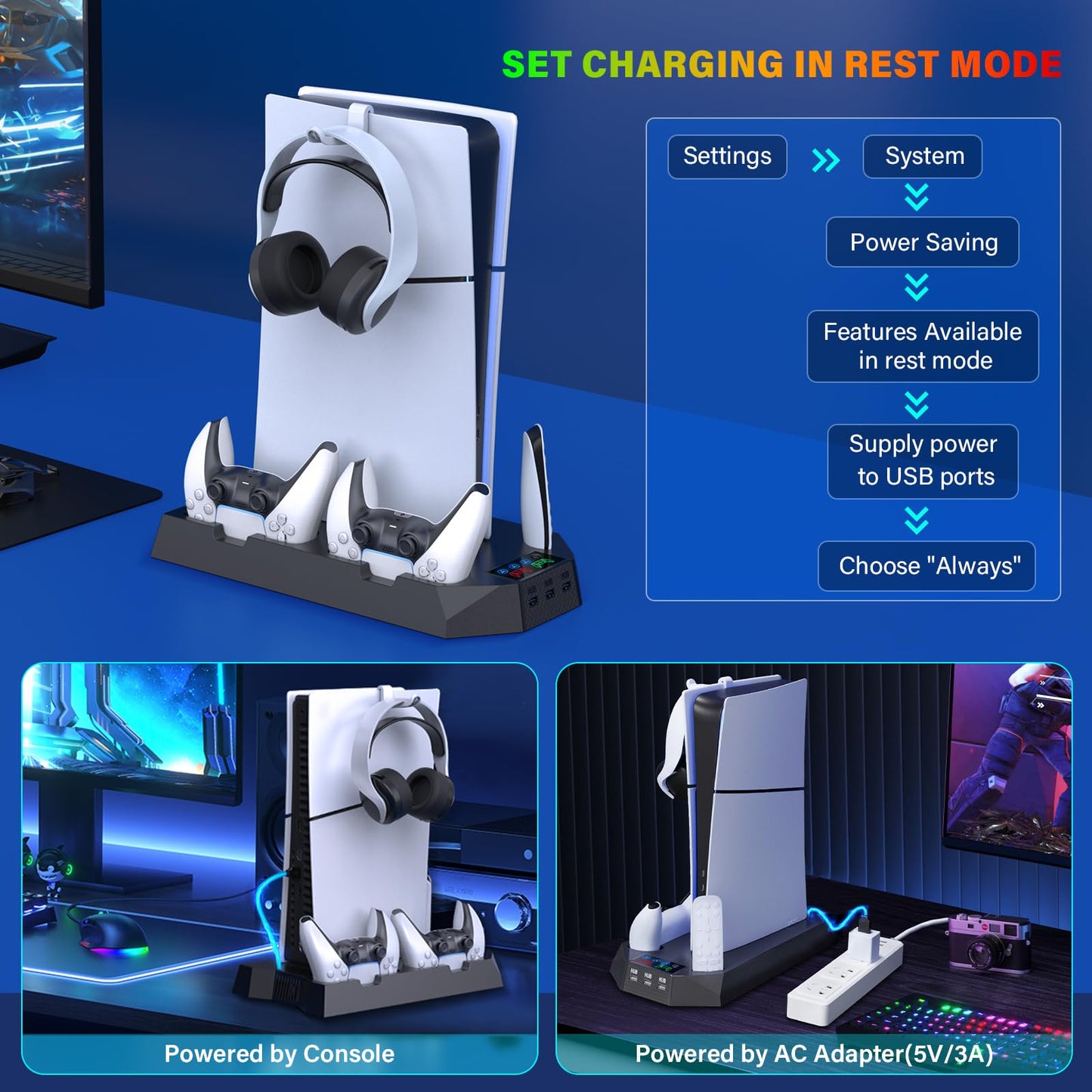 PS5/PS5 Slim Cooling Station with Controller Charging Station for Playstation 5 Slim&Standard Disc/Digital Console, PS5 Slim Stand Cooler Accessories Incl Cooling Fan/3 USB Hubs/Headset Holder/Screw - Connect Craze