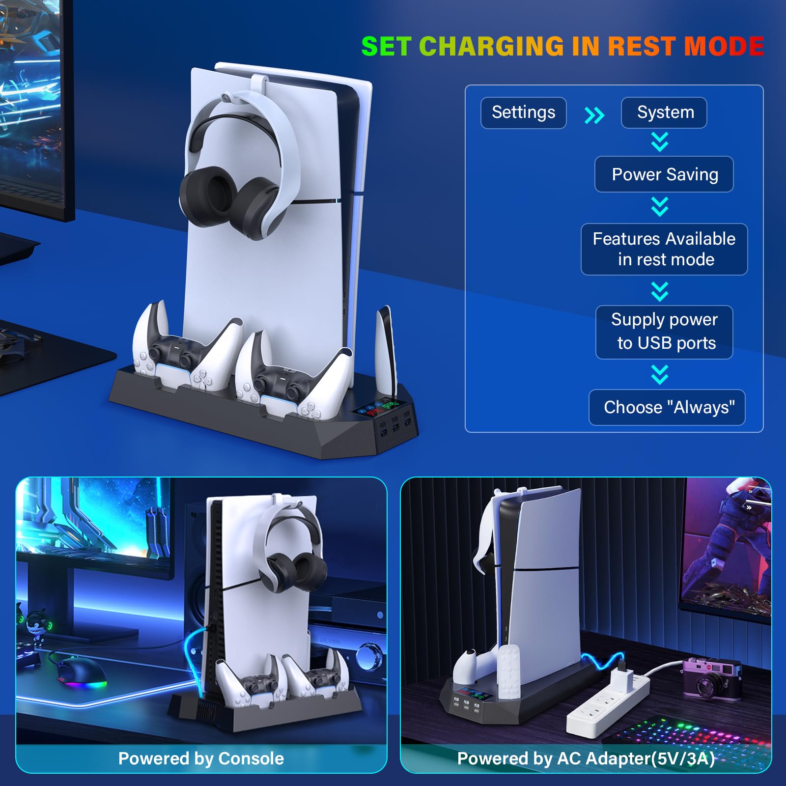 PS5/PS5 Slim Cooling Station with Controller Charging Station for Playstation 5 Slim&Standard Disc/Digital Console, PS5 Slim Stand Cooler Accessories Incl Cooling Fan/3 USB Hubs/Headset Holder/Screw - Connect Craze