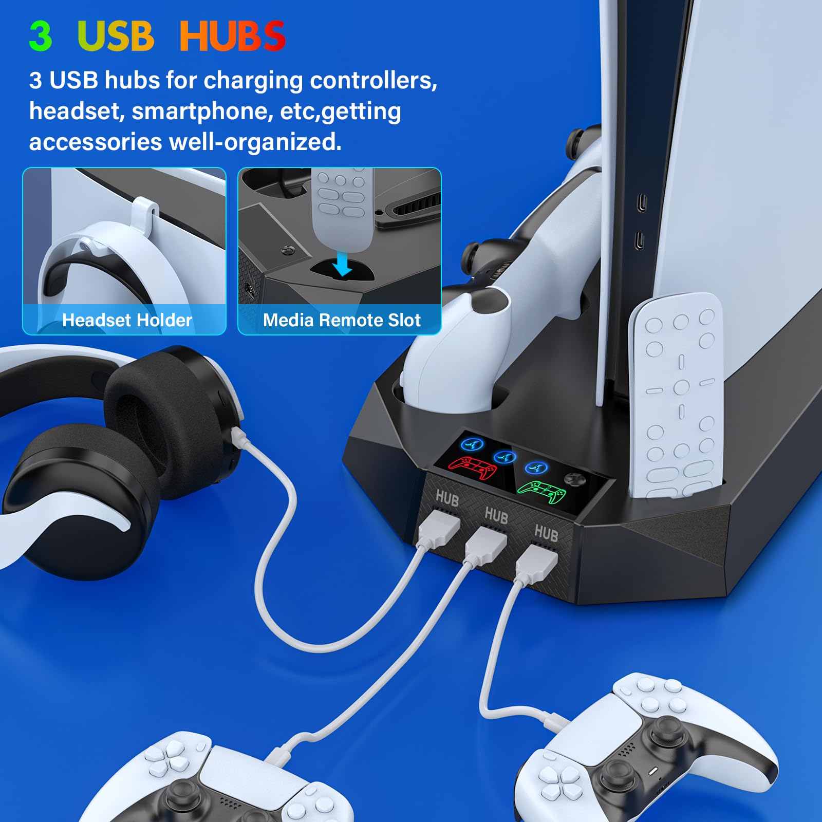 PS5/PS5 Slim Cooling Station with Controller Charging Station for Playstation 5 Slim&Standard Disc/Digital Console, PS5 Slim Stand Cooler Accessories Incl Cooling Fan/3 USB Hubs/Headset Holder/Screw - Connect Craze