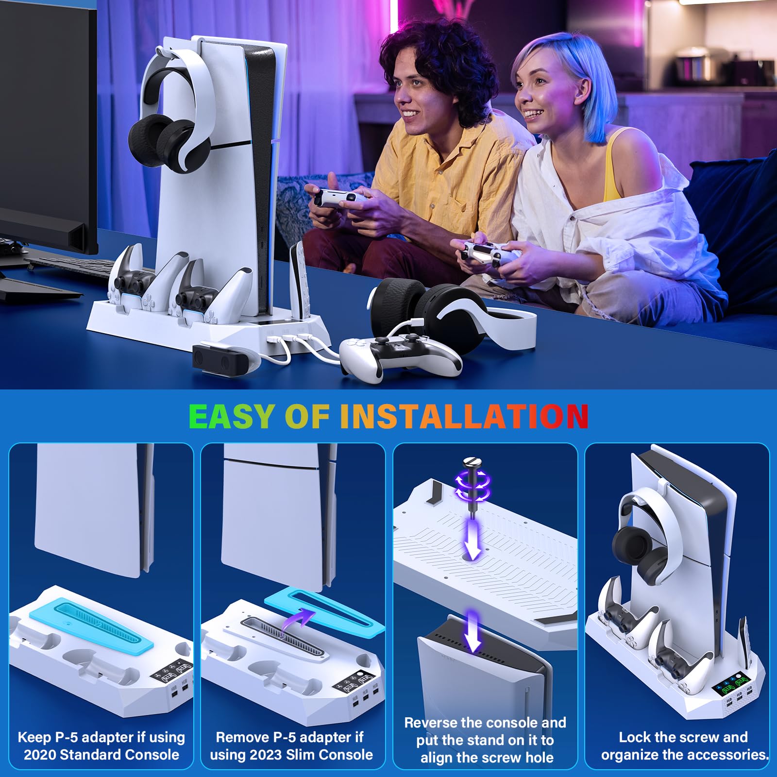 PS5/PS5 Slim Cooling Station with Controller Charging Station for Playstation 5 Slim&Standard Disc/Digital Console, PS5 Slim Stand Cooler Accessories Incl Cooling Fan/3 USB Hubs/Headset Holder/Screw - Connect Craze