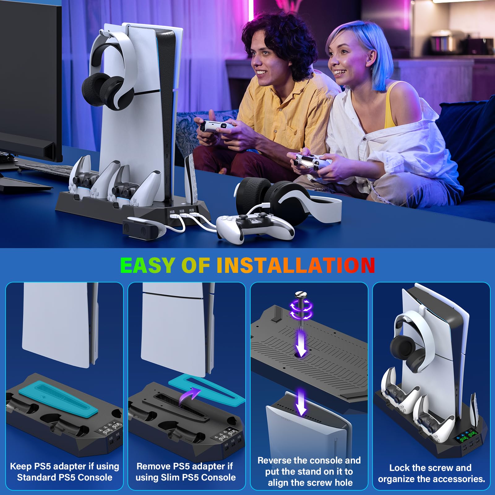 PS5/PS5 Slim Cooling Station with Controller Charging Station for Playstation 5 Slim&Standard Disc/Digital Console, PS5 Slim Stand Cooler Accessories Incl Cooling Fan/3 USB Hubs/Headset Holder/Screw - Connect Craze
