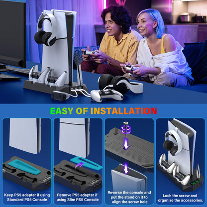 PS5/PS5 Slim Cooling Station with Controller Charging Station for Playstation 5 Slim&Standard Disc/Digital Console, PS5 Slim Stand Cooler Accessories Incl Cooling Fan/3 USB Hubs/Headset Holder/Screw - Connect Craze